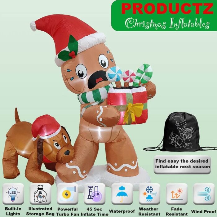 PRODUCTZ Christmas Inflatable Decorations 5 FT Gingerbread Man Cookie & Dog is Biting Its Leg Holiday Outdoor/Indoor/House/Yard Decor with LED Lights and Free Storage Bag - Image 2